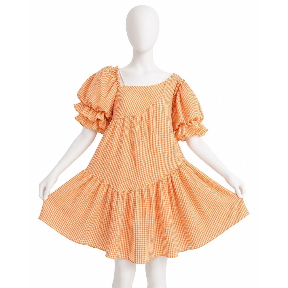 Simplee Orange Gingham Puff Sleeve Tiered Mini Dress Size M NWT cottagecore